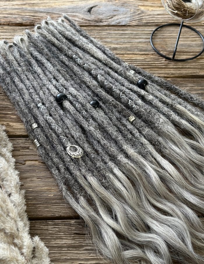 Close-up ash grey human hair dread texture handmade DaddyDread