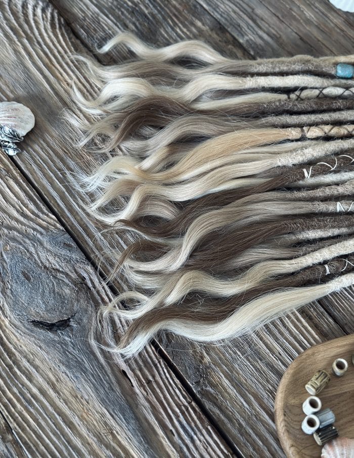 Driftwood blonde human hair dreads installation example – DaddyDread
