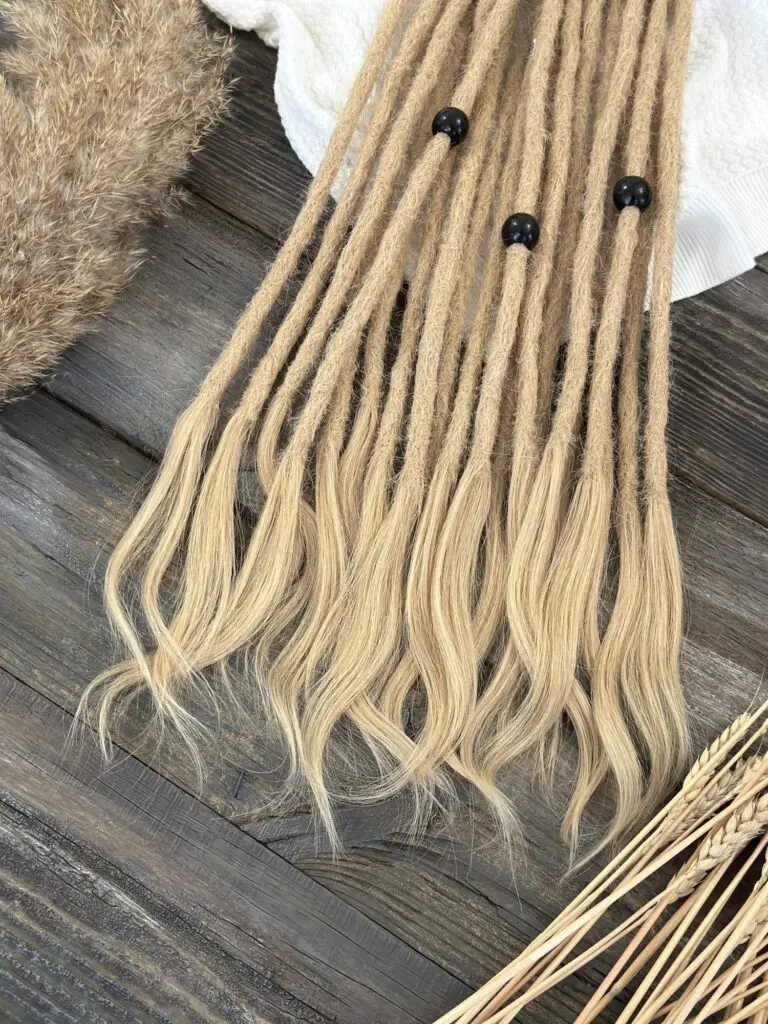 Warm Blonde Human Hair Dread Extensions with Black Wooden Beads
