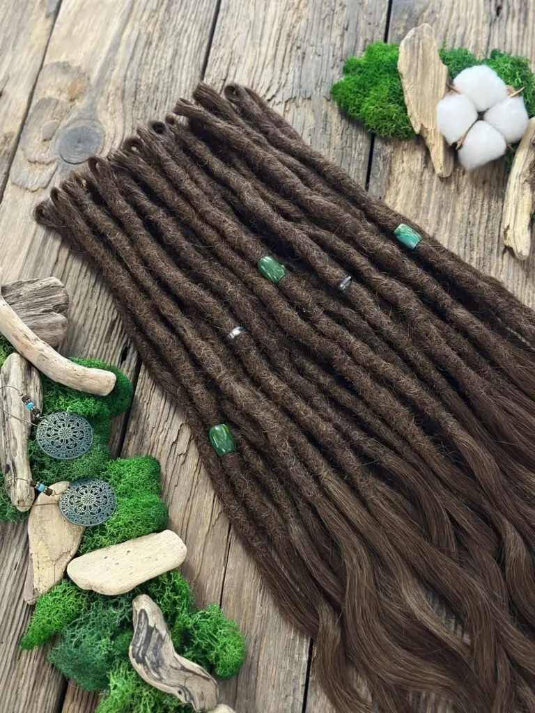 Rich Brown Human Hair Dread Extensions with Emerald Green Beads