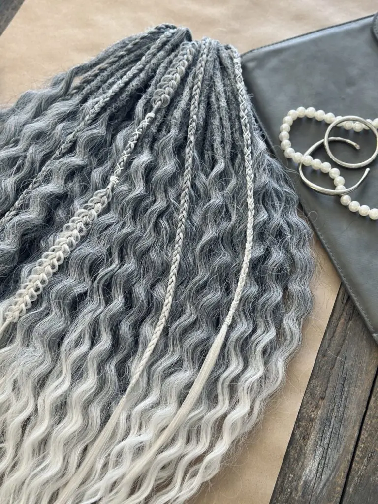 Grey White Ombré Synthetic Curly Dread Extensions with Silver Charms