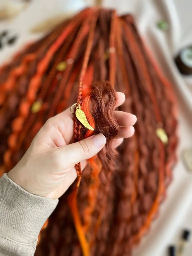 Ginger Red Curly Dreadlock Extensions with Gold Leaf Pendants