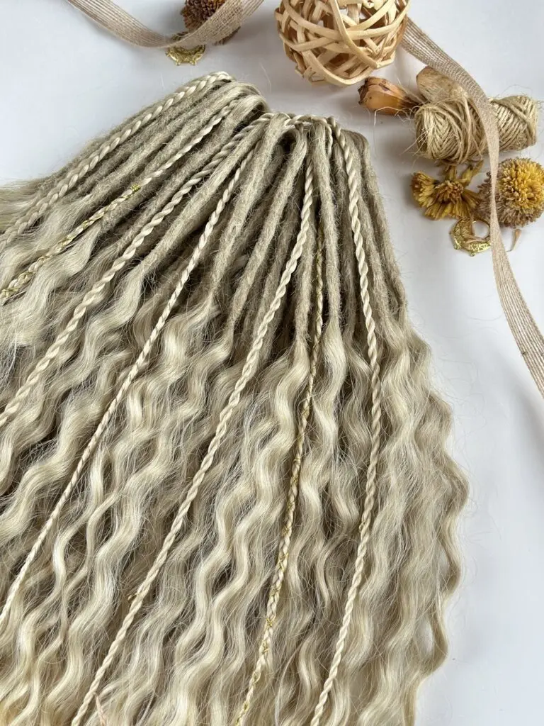 Golden Blonde Ombre Curly Dreadlock Extensions with Gold Thread Wraps