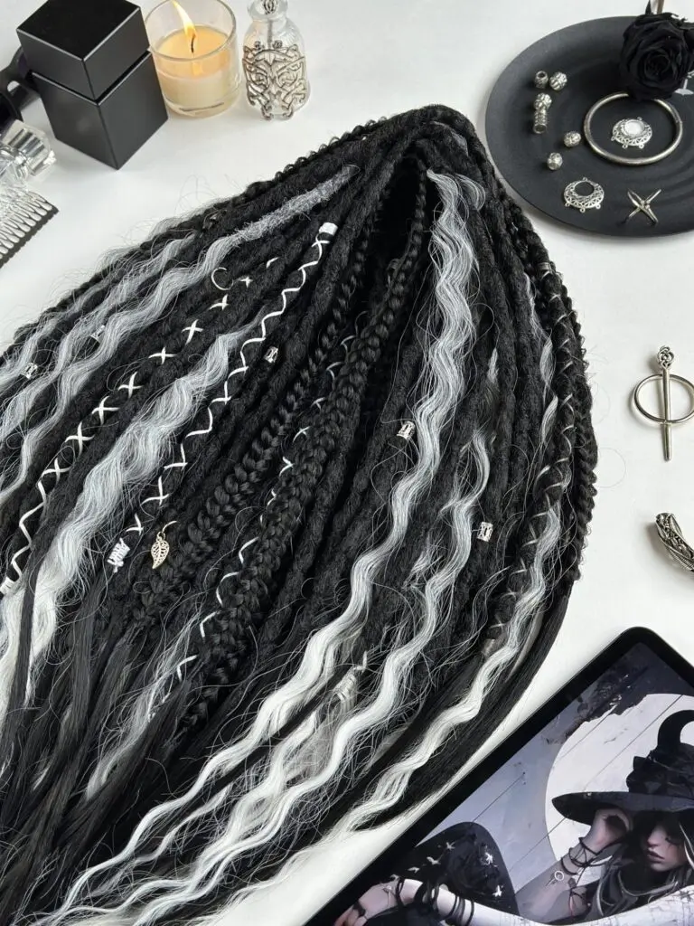 Black Grey Curly Dread Extensions with Textured Mix
