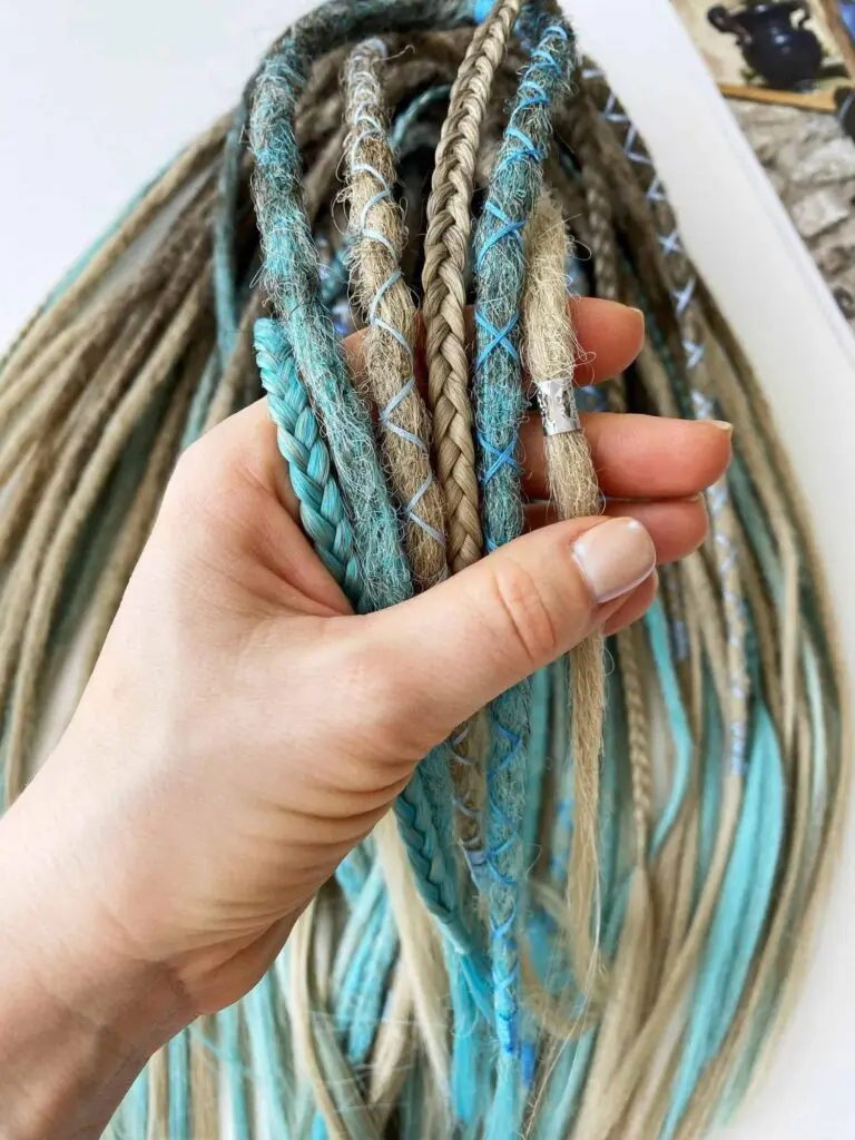 Brown Wheat Blue Synthetic Dreads, Crochet Dread Extensions with Silver Beads