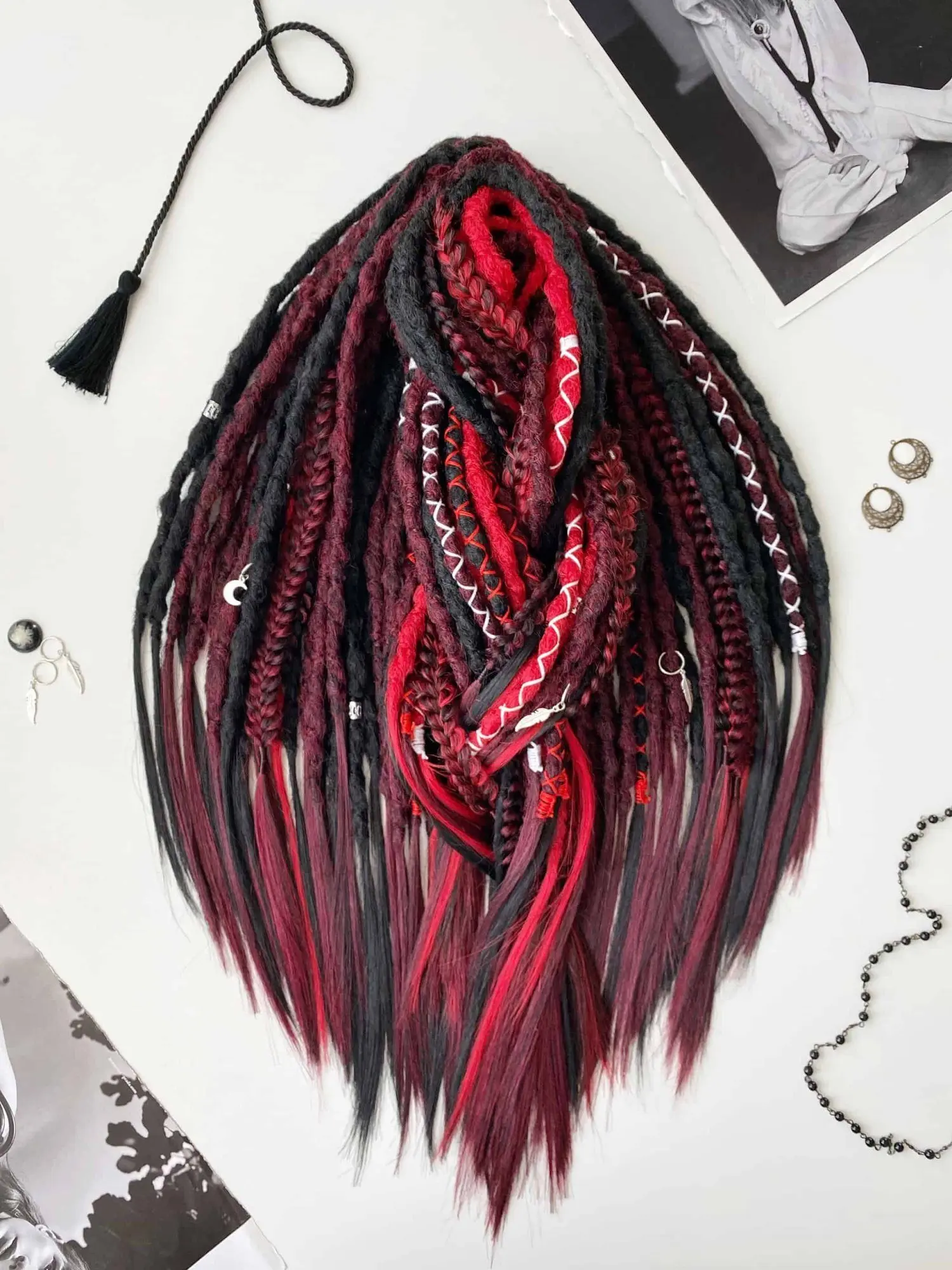Bloodmoon textured DE dread extensions — vertical full-set flatlay overhead