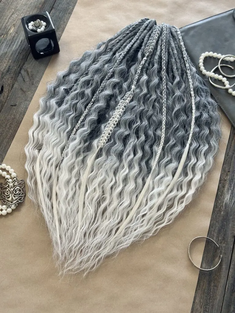 Grey White Ombré Synthetic Curly Dread Extensions with Silver Charms