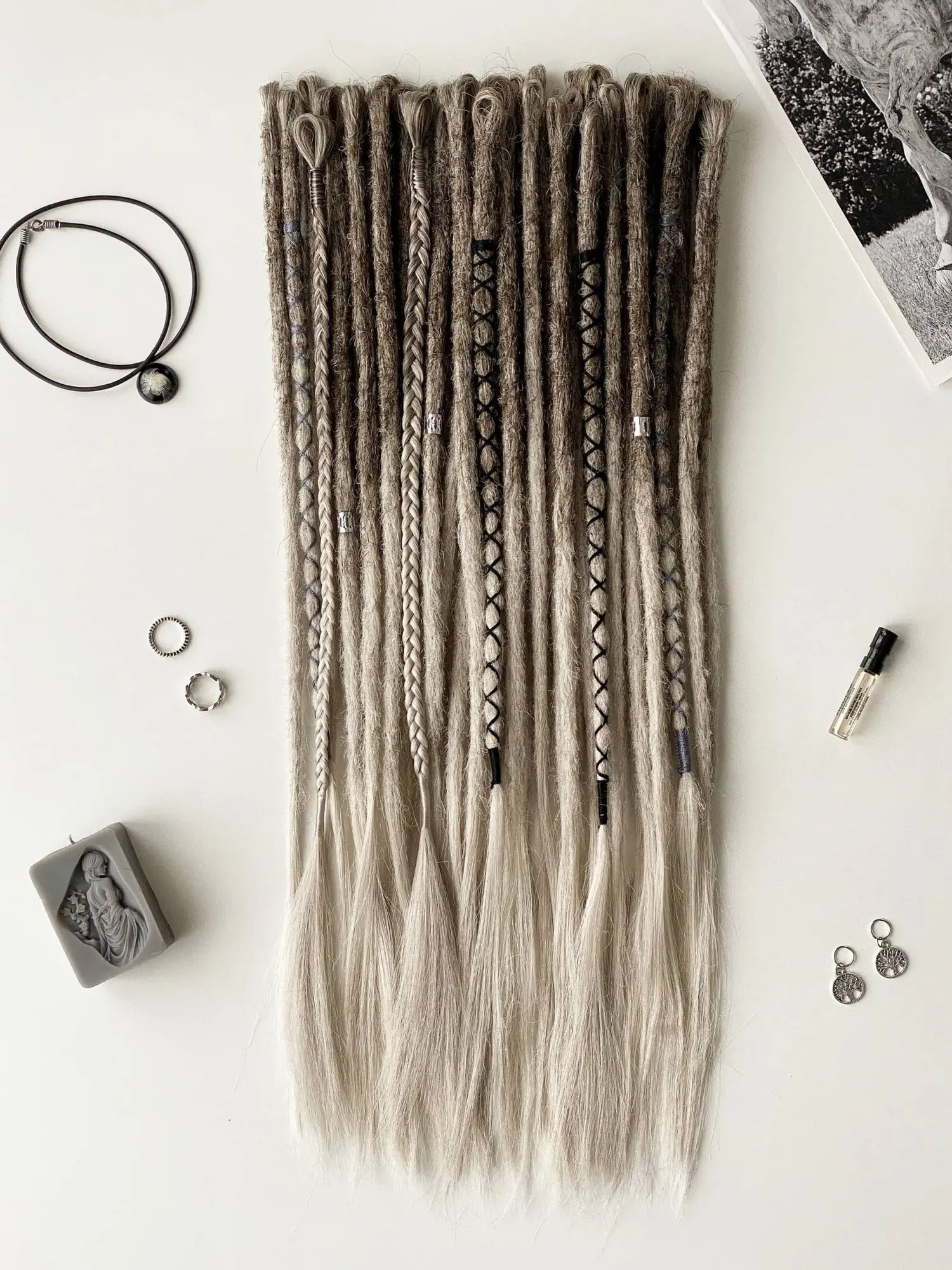 Viking brown grey ash blonde DE crochet dreads vertical flatlay showing thread wraps and braids