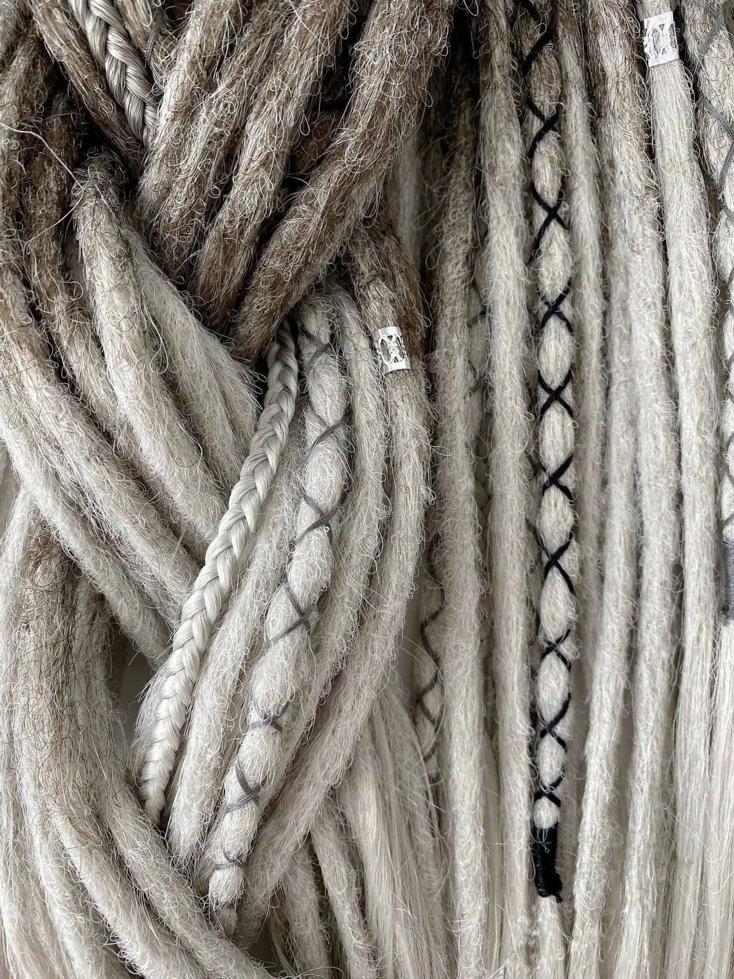 Viking double ended synthetic dreads diagonal close-up with grey thread X-pattern wraps