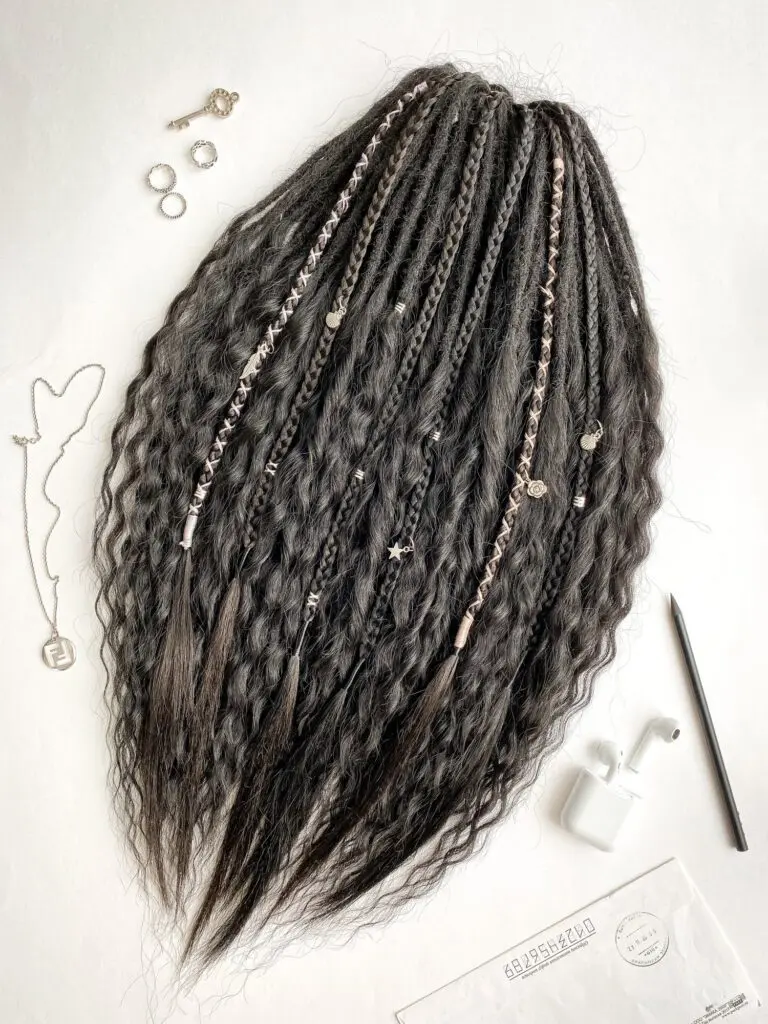 Natural Black 1B Synthetic Curly Dread Extensions with Silver Charms