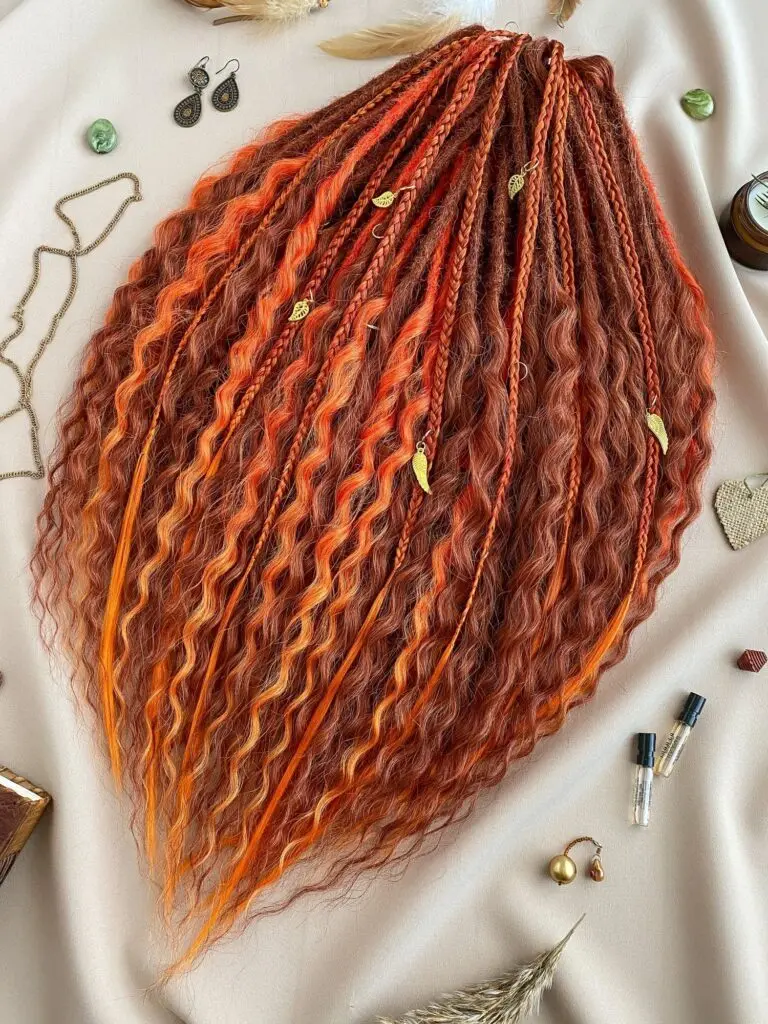 Ginger Red Curly Dreadlock Extensions with Gold Leaf Pendants