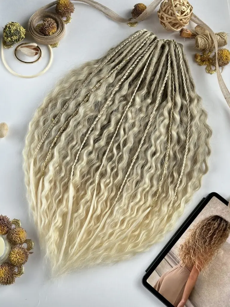 Golden Blonde Ombre Curly Dreadlock Extensions with Gold Thread Wraps
