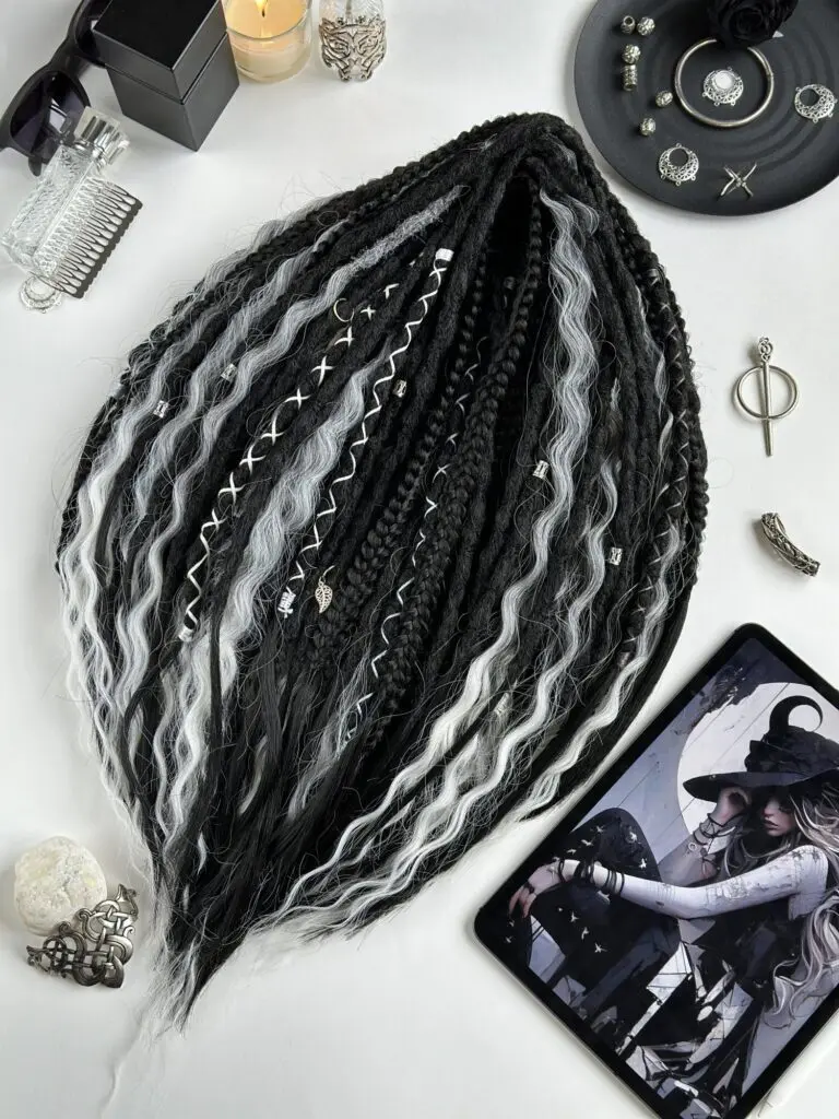 Black Grey Curly Dread Extensions with Textured Mix