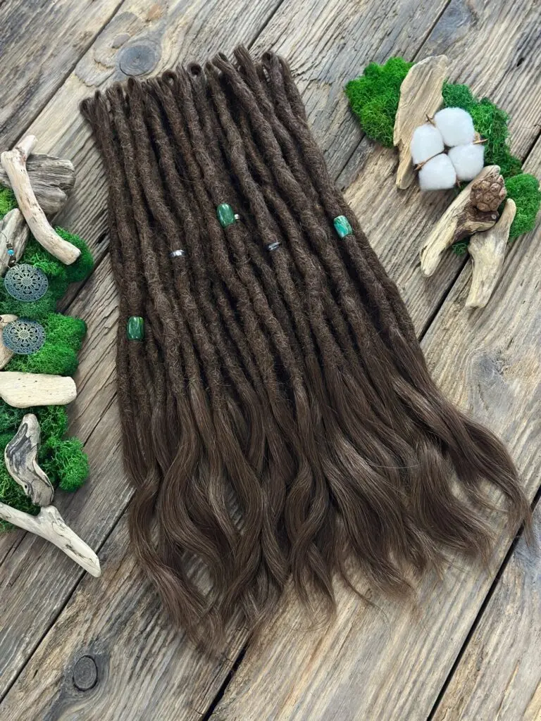 Rich Brown Human Hair Dread Extensions with Emerald Green Beads
