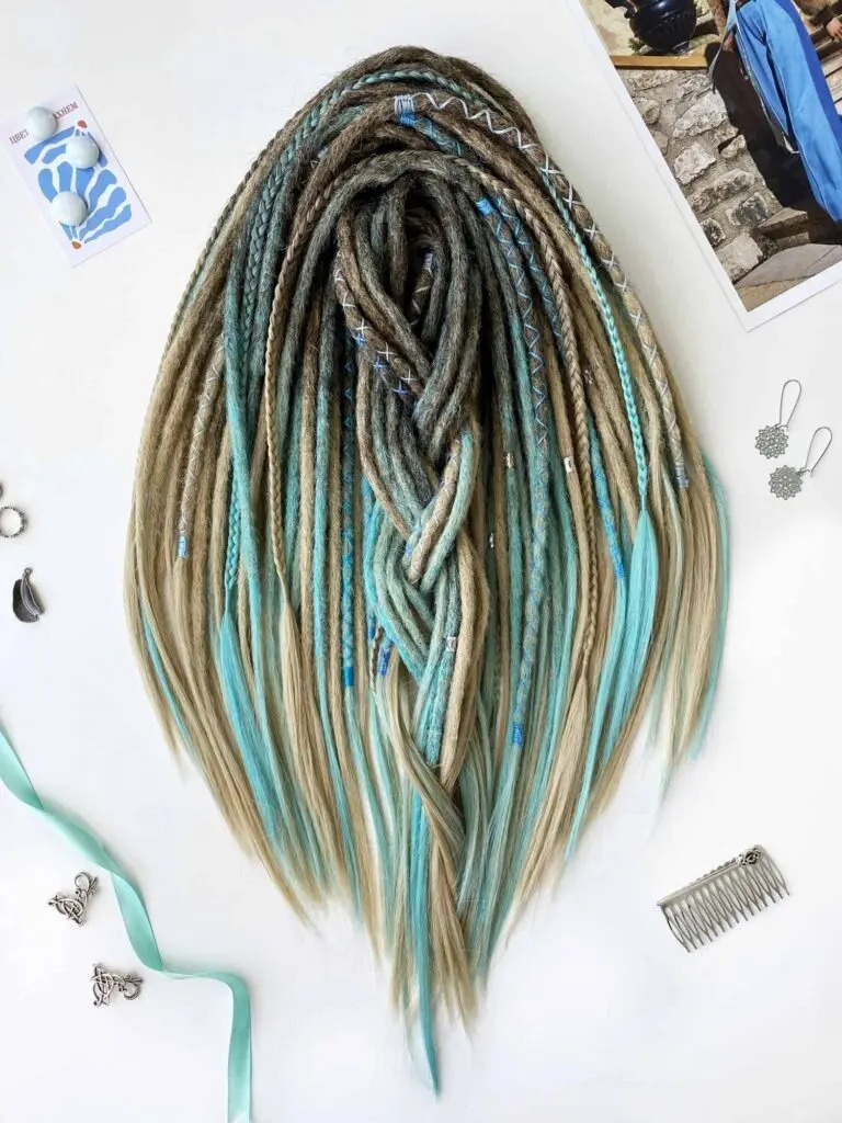 Brown Wheat Blue Synthetic Dreads, Crochet Dread Extensions with Silver Beads