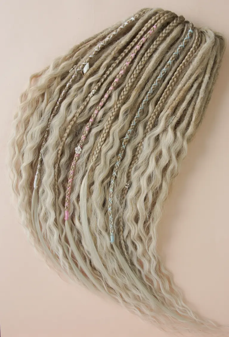 Creamy Ash Blonde Synthetic Curly Dread Extensions with Shell Charms