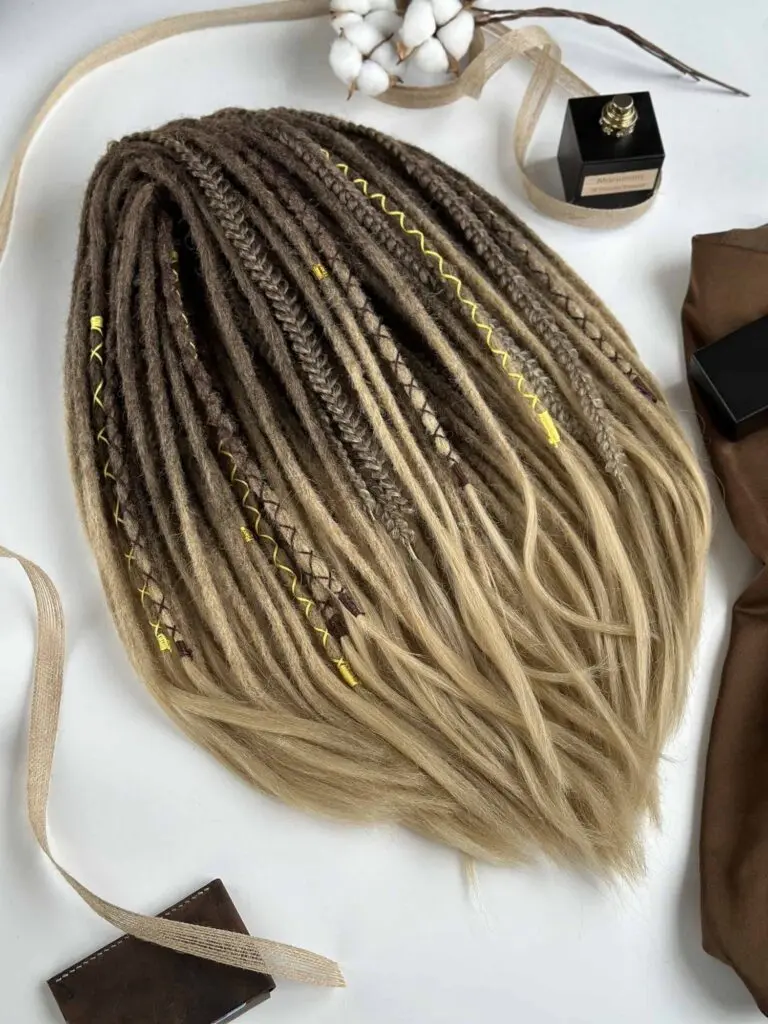 Wheat Blonde Ombre Synthetic Dreads, Crochet Dread Extensions with Yellow Wraps