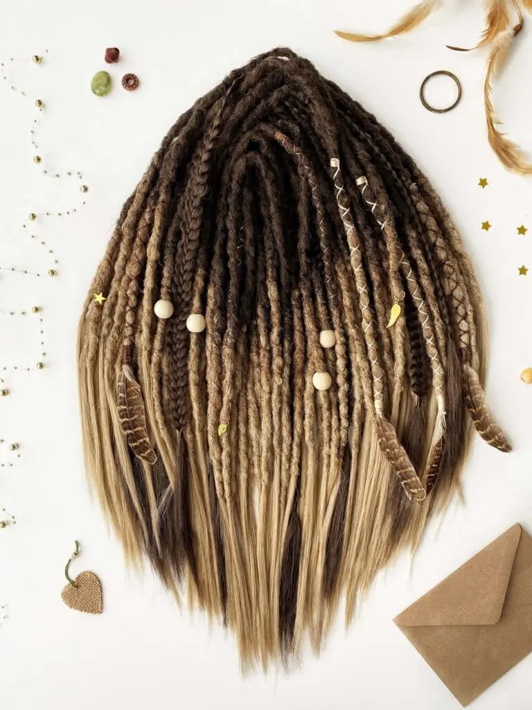 Brown Blonde Boho Ombre Textured Dread Extensions with Feathers