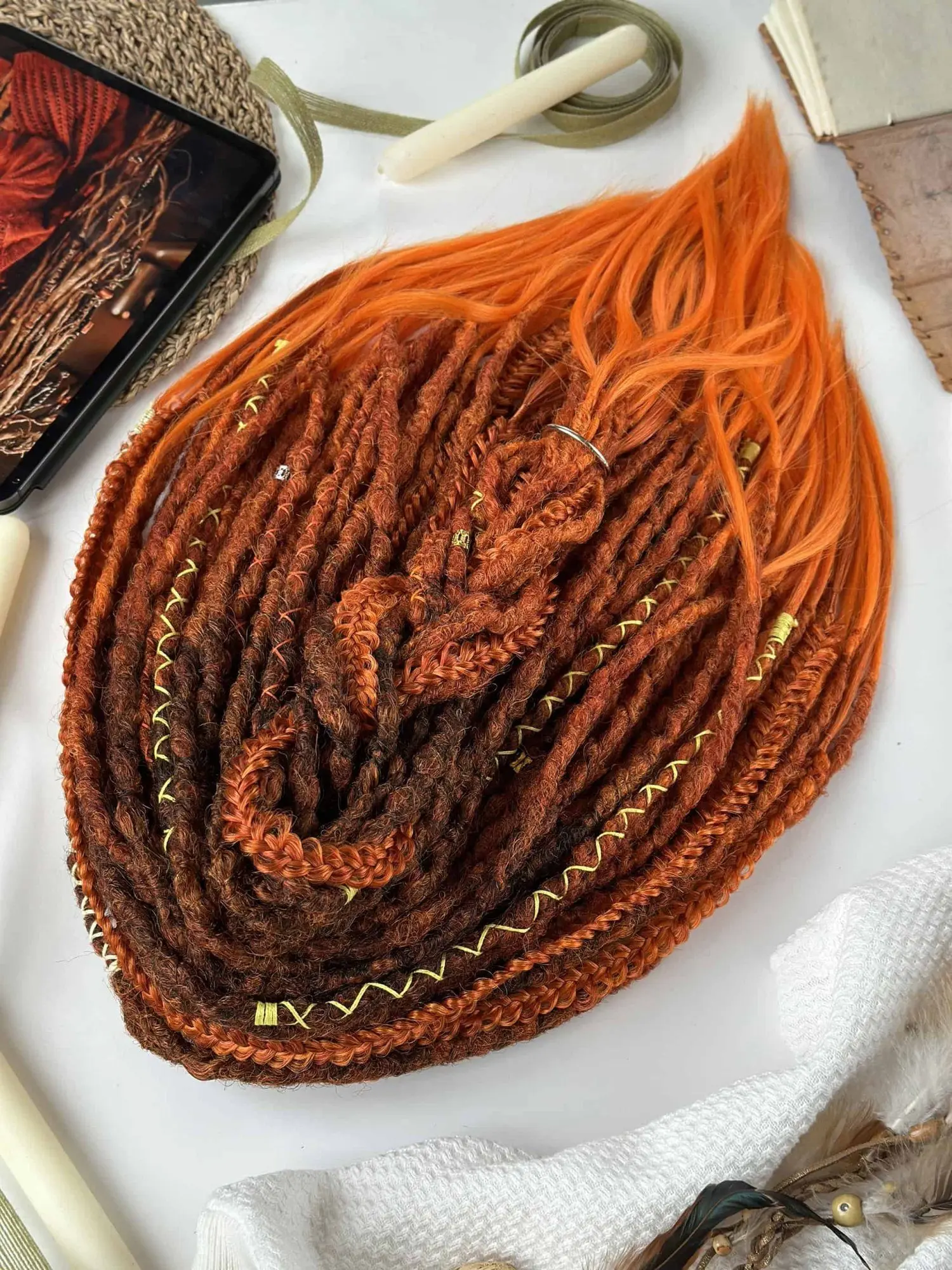 Handmade textured dreadlock extensions fox palette full set with braids and beads