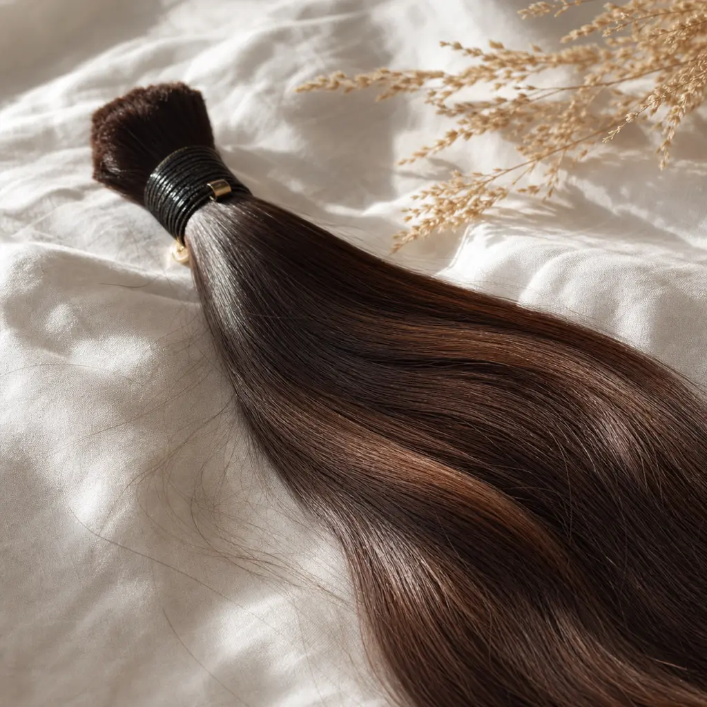 Bundle of smooth dark brown Remy human hair with cuticle-aligned strands, tied with a black band on cream silk fabric